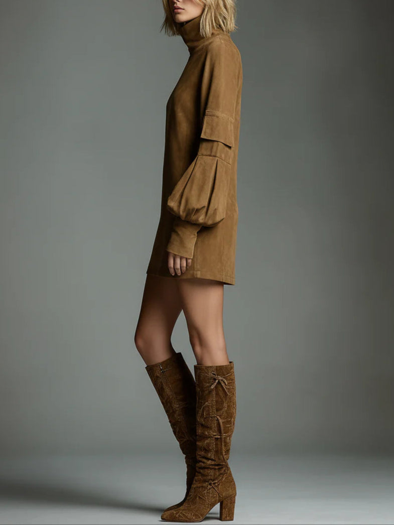 Florence Loose-Fit Suede Turtleneck Mini Dress