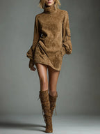 Florence Loose-Fit Suede Turtleneck Mini Dress