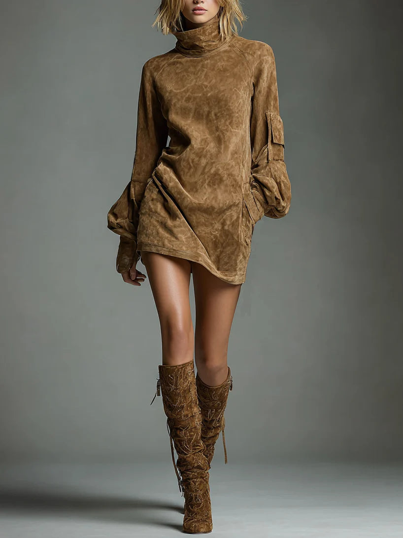 Florence Loose-Fit Suede Turtleneck Mini Dress