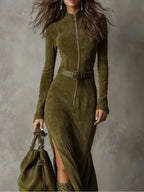 Evelyn | Belted Suede Zip Dress