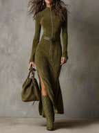 Evelyn | Belted Suede Zip Dress